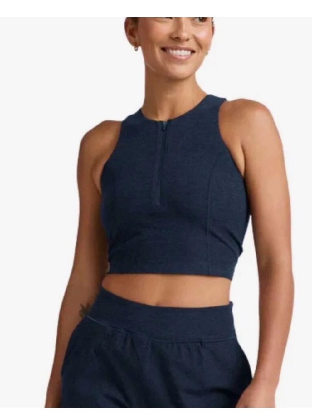 Beyond Yoga Navy Zip-Front Cropped High-Neck Tank